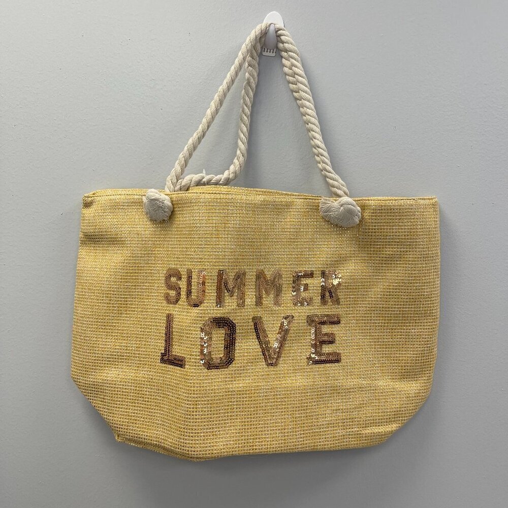 Love of Fashion Summer Love Tote Bag in Beige w/ Sequins and Rope Handles - NWT